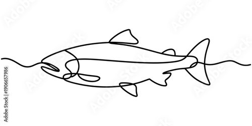 Fresh salmon fish in continuous line art drawing isolated on white background. Fresh food concept, Monoline Fishing Symbol, One Line Tuna Silhouette, Salmon Sign, Fish Endless Shape, pro Vector.