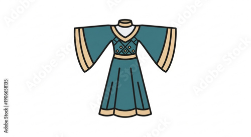 Teal dress with gold trim on mannequin elegant fashion illustration