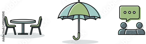 Table with chairs, umbrella, and conversation icons representing business and protection