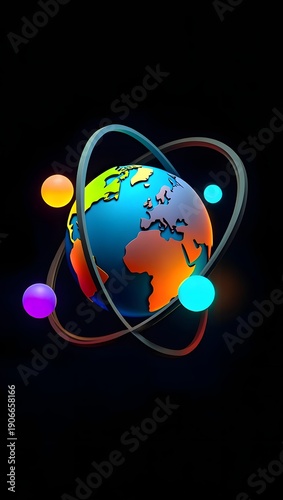 A vibrant globe with orbiting rings and colorful planets on a dark background