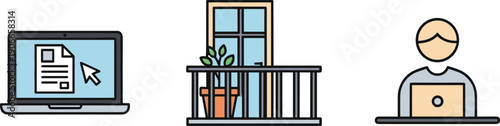 Icons representing remote work, online document management, and balcony relaxation