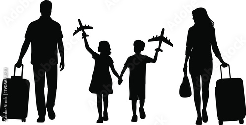 Family travel silhouette with parents and children holding toy airplanes, vacation journey concept, happy family tourism illustration, isolated white background