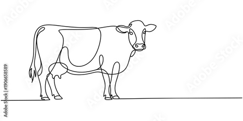 Self drawing line Cow on pasture Grazing cow continuous one single line drawn concept ,One continuous line drawing of cow face. Minimal pet cow line art full-length.