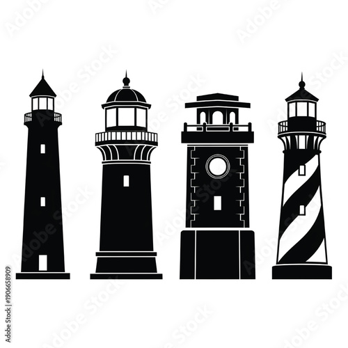 Four distinct lighthouses stand side by side against a simple background viewed directly from the front