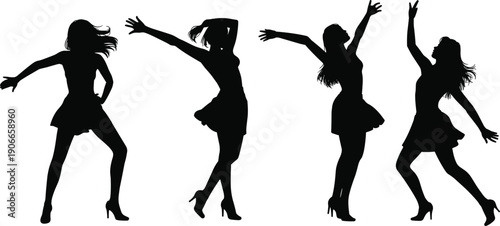 Female dancer silhouettes performing energetic dance moves, stylish women posing in motion, modern dance illustration, fashion art, isolated white background