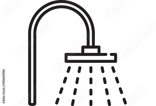 Shower head icon with water spray and curved pipe, minimalist black outline pictogram for bathroom hygiene, plumbing, sanitation, home interior, web app UI