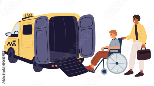 Taxi driver helping disabled passenger into accessible vehicle with ramp
