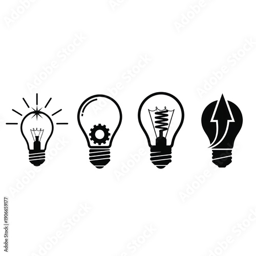 Collection of light bulb icons representing ideas and innovation in various designs and styles