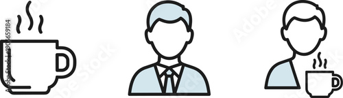 Simple line icons representing a coffee cup and two businessmen in suits