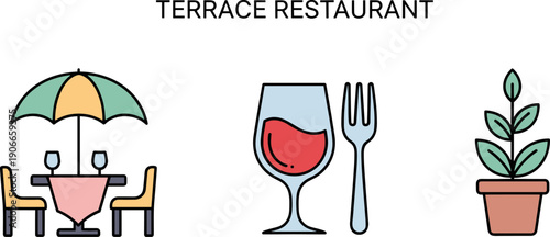 Outdoor dining setup with umbrella, table, chairs, wine glass, fork, and potted plant