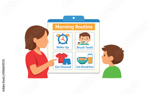 parent pointing to picture routine cards morning steps visual structure instead of nagging clean shapes. colored flat icon vector illustration