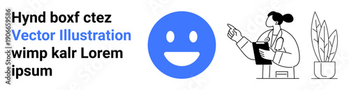 Healthcare, communication, positivity, consultation, digital wellness, modern services. Doctor pointing at a happy face with a plant in background. Healthcare and communication concept