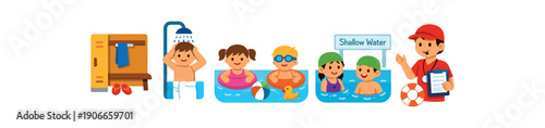 visual story of swimming pool visit changing room shower floaties shallow water listening to lifeguard safe swim script clean shapes. colored flat icon vector illustration