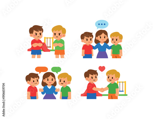 story sequence about playground conflict two kids frown teacher helps them talk shake hands repair script clean shapes. colored flat icon vector illustration
