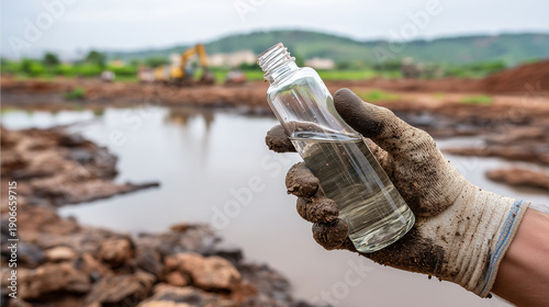 Close-up of faceless hands in cleen gloves collecting water samples from a sediment pond at a mine site, Environmental Monitoring, focus on the clear water in the bottle and the di