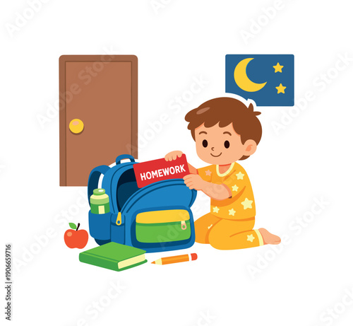 picture story child putting homework folder into backpack at night backpack by door ready for next day organization script clean shapes. colored flat icon vector illustration