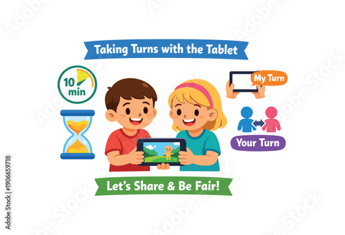 social narrative showing siblings sharing screen tablet between them timer icon turn taking tech rules clean shapes. colored flat icon vector illustration