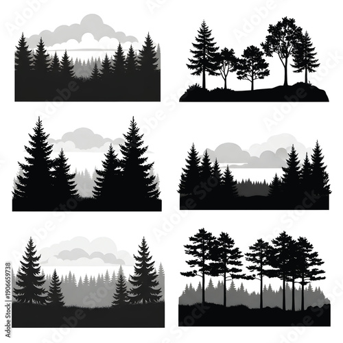 Silhouetted forest landscape with trees and clouds viewed from a distance in a serene environment