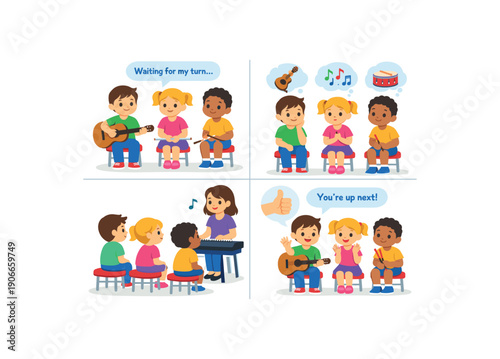social story panels about music class sitting on stool holding instrument waiting for turn to play class routine clean shapes. colored flat icon vector illustration