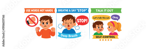 three panel story about using words not hands child feeling mad breathing using stop words talking it self control script clean shapes. colored flat icon vector illustration