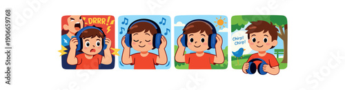 story strip about using headphones loud place child putting them on staying calm then removing when quieter coping with noise clean shapes. colored flat icon vector illustration