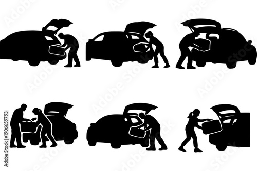 Silhouette of people loading vehicles with luggage.