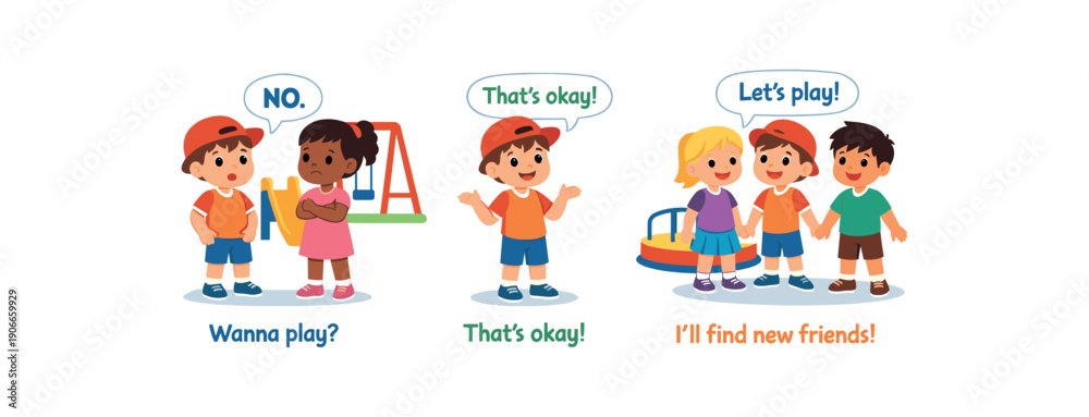 Fototapeta premium story strip child at playground hearing no from friend then finding other kids to play with flexible friendship script clean shapes. colored flat icon vector illustration
