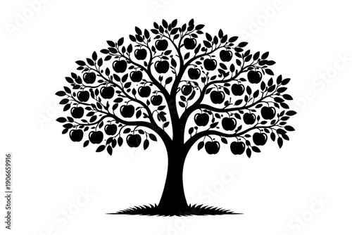 Black silhouette of apple tree with abundant fruit on white background.