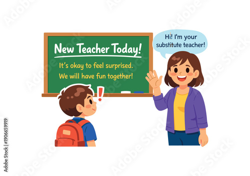 social story card child seeing substitute teacher board says new teacher today smiling greeting change routine script clean shapes. colored flat icon vector illustration