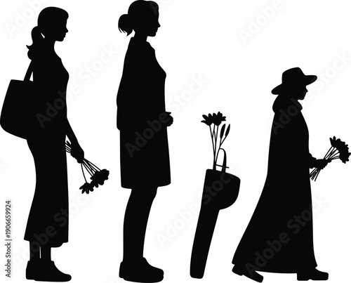 Female silhouettes holding flowers showing life stages from young woman to elderly woman isolated on white background illustration