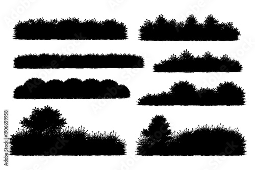 Silhouette collection of diverse shrubs and bushes in various shapes.