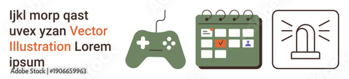 Gaming, time management, schedules, notifications, planning, organization. A green game controller, a calendar with a marked date and an alarm icon. Gaming and time management