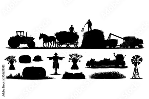 Silhouettes of farming scenes with various equipment and workers.