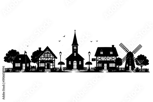 Silhouette of traditional european village with church and windmill.