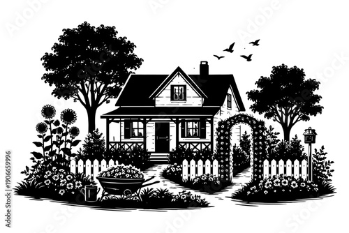 Charming rural cottage with lush garden and birds in black and white illustration.