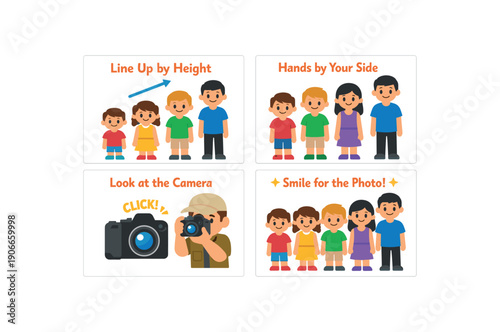 story sequence about class photo line up by height hands by side look at camera smile follow directions photo day script clean shapes. colored flat icon vector illustration