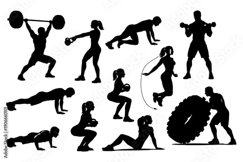 Silhouette workout: male and female fitness exercises and training poses.