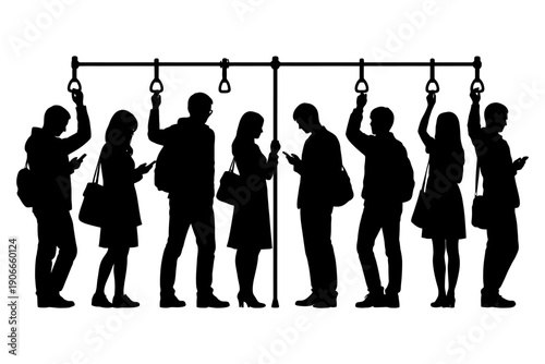 Silhouettes of diverse commuters using smartphones on public transit.