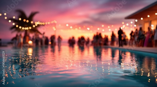 Elegant evening party by the pool with string lights and sunset sky