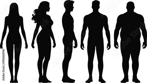 Male and female body silhouettes showing different human body types, front side back views, anatomy comparison concept, isolated white background