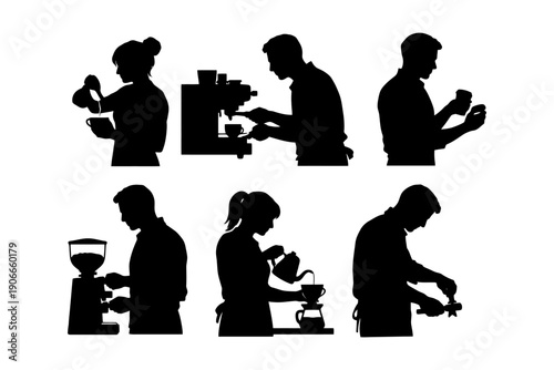 Silhouettes of baristas making coffee in various poses.