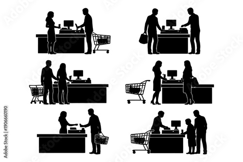 Black silhouettes of diverse shopping scenes with people at checkout counters.