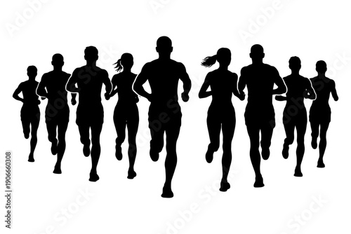 Silhouettes of diverse runners in motion.