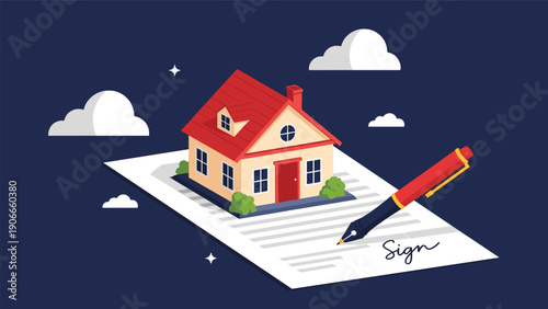 Real estate contract concept showing a house model on signed document with a red pen on dark blue background with stars.