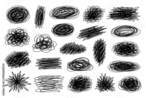 Collection of diverse hand-drawn black scribbles and doodles on white background.