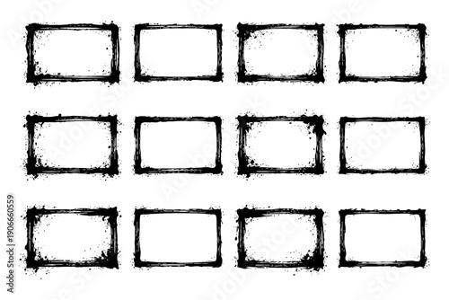 Set of grunge black frames with rough edges on white background.
