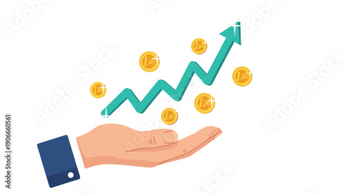 Financial growth and profit increase illustration showing hand with rising arrow and floating gold dollar coins.
