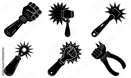 Collection of black and white illustrations of various medieval weapons and fists showcasing strength and power