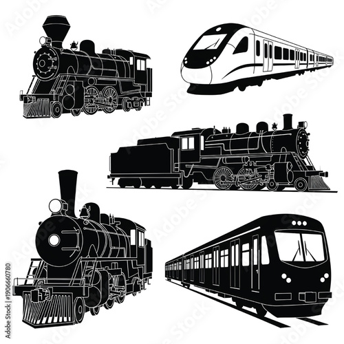Collection of various train illustrations showcasing different locomotives and railway vehicles in a graphic display