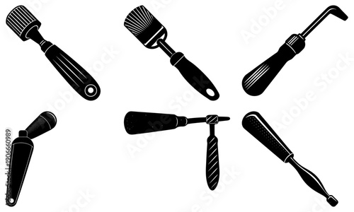 Collection of assorted gardening tools arranged around a central pruning tool, illustrating various gardening implements